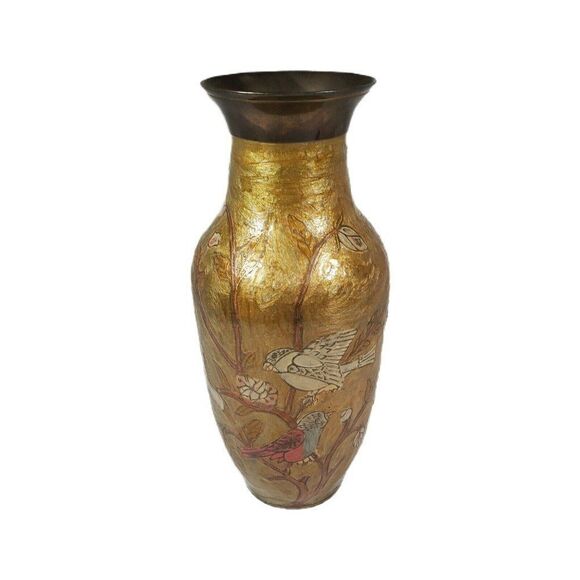 VINTAGE CLOISONNE BRASS VASE BIRDS ON TREE BRANCHES 10" ENAMEL ON BRASS INDIA - Picture 1 of 9